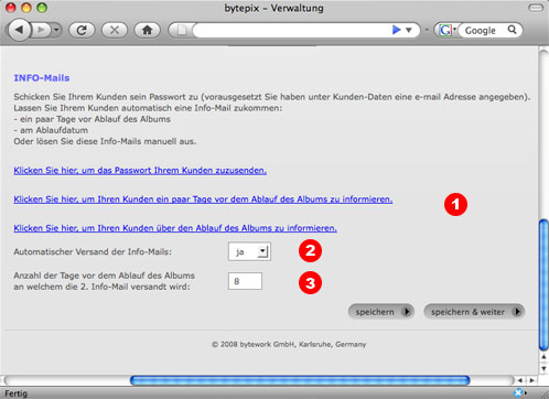 Infomail Einstellungen beim Album